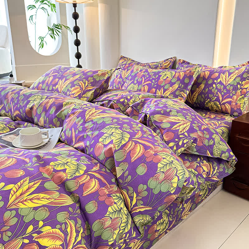 Set di biancheria da letto in morbida garza di cotone con fiori e foglie (4 pezzi)