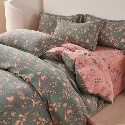 Elegante set di biancheria da letto reversibile in cotone floreale (4 pezzi)