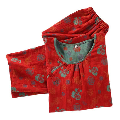 Completo da notte in cotone jacquard "Fu" rosso
