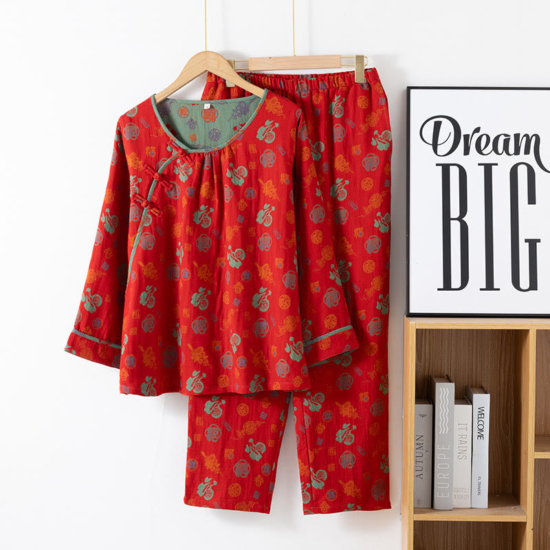 Completo da notte in cotone jacquard "Fu" rosso