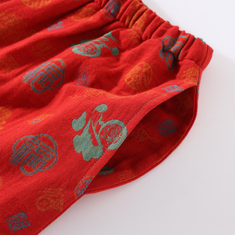 Completo da notte in cotone jacquard "Fu" rosso