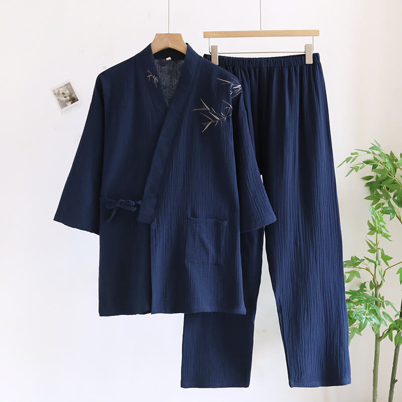 Completo pigiama kimono unisex in jacquard di bambù - Blu navy - XL - image 1