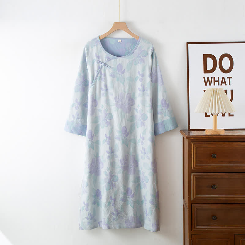 Camicia da notte vintage in cotone tinto in filo con scollo rotondo