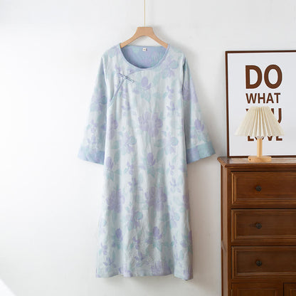 Camicia da notte vintage in cotone tinto in filo con scollo rotondo