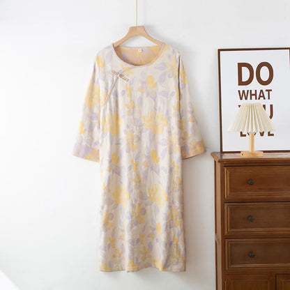 Camicia da notte vintage in cotone tinto in filo con scollo rotondo