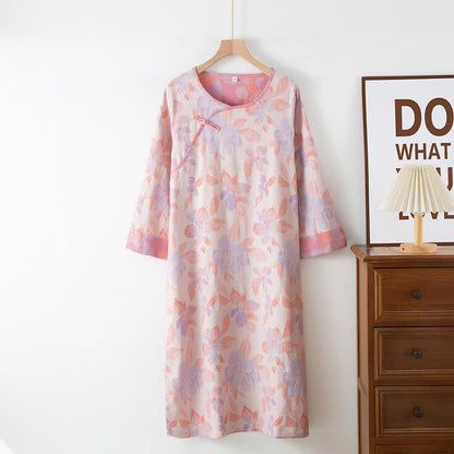 Camicia da notte vintage in cotone tinto in filo con scollo rotondo