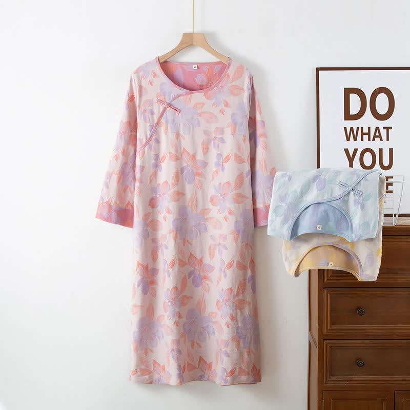 Camicia da notte vintage in cotone tinto in filo con scollo rotondo