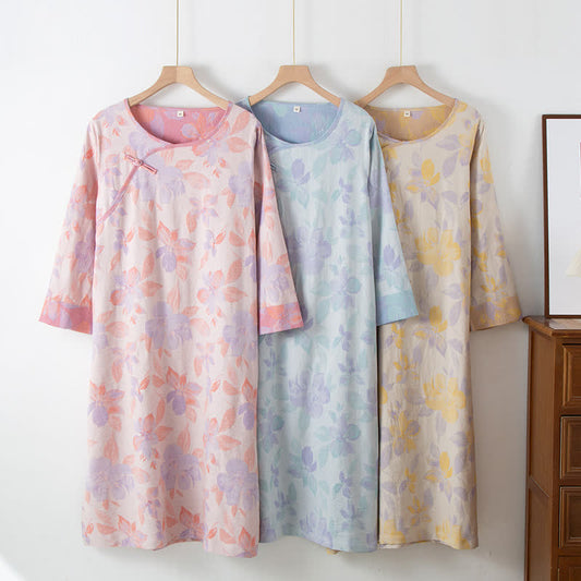 Camicia da notte vintage in cotone tinto in filo con scollo rotondo