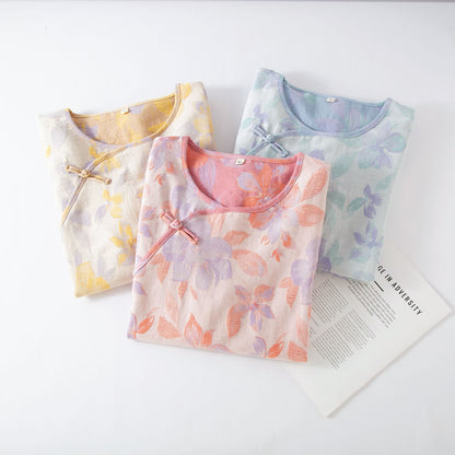 Camicia da notte vintage in cotone tinto in filo con scollo rotondo