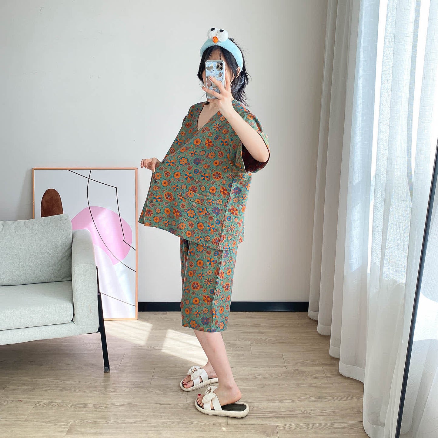 Completo da casa in jacquard floreale vintage taglie forti