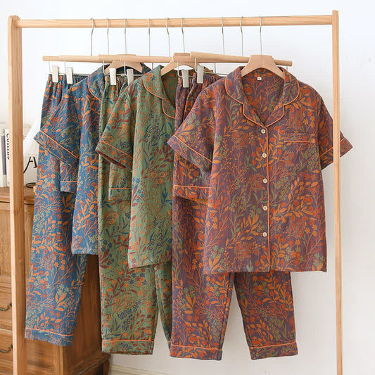 Completo da casa a maniche corte in cotone tinto in filo jacquard (3 pezzi)