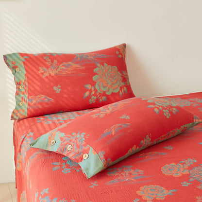 Copriletto reversibile in garza di cotone tinto in filo Jacquard Peonia