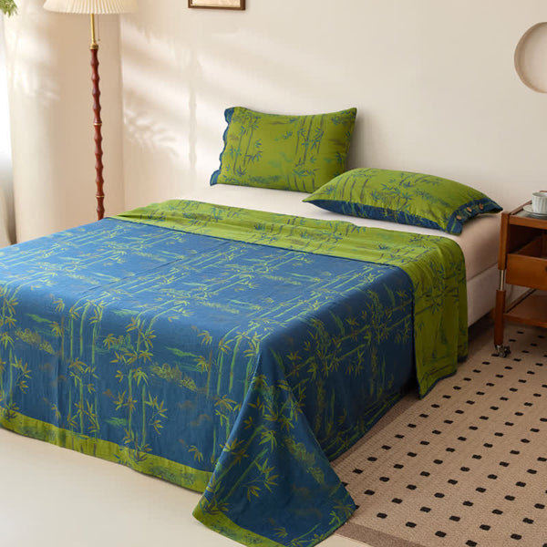 Copriletto reversibile in garza di cotone stampata bambù, tinto in filo - Blu - 2 federe - 48cm x 74cm - image 1