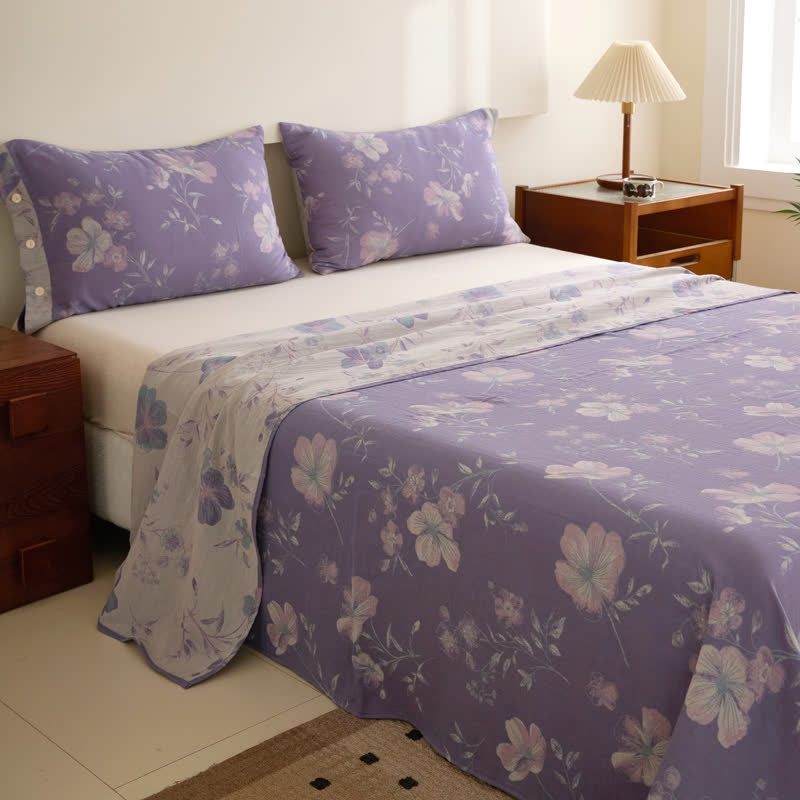 Copriletto reversibile in garza di cotone jacquard floreale