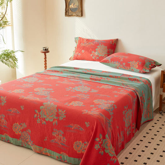Copriletto reversibile in garza di cotone tinto in filo Jacquard Peonia