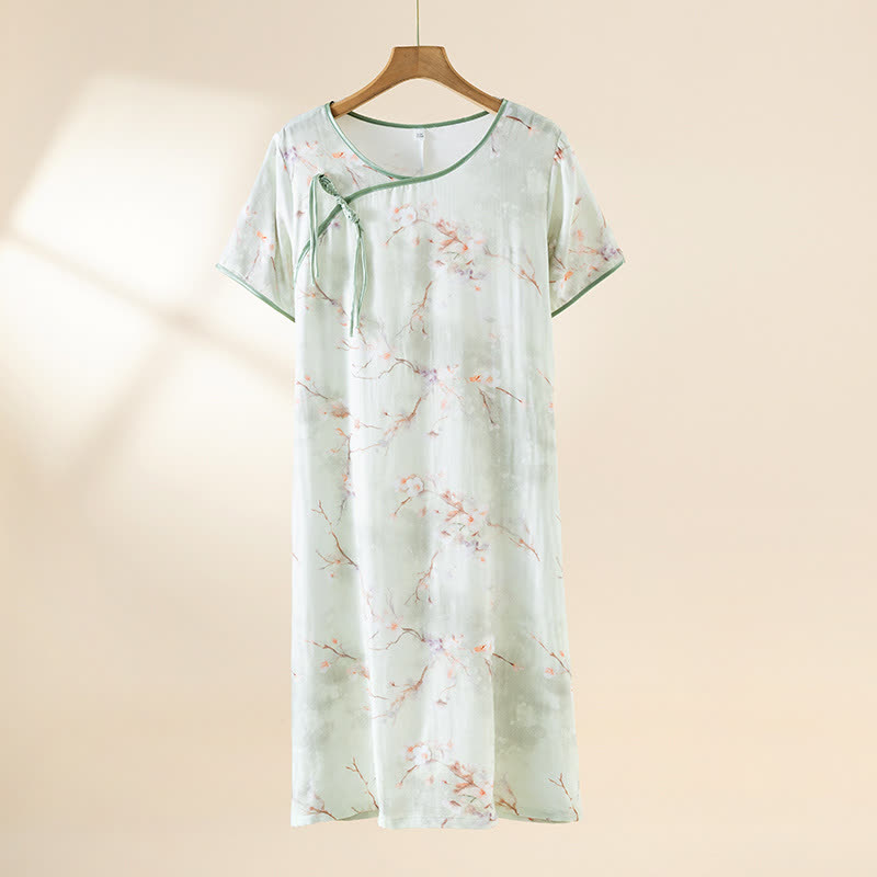 Camicia da notte in cotone con scollo rotondo e motivo a fiori di prugna