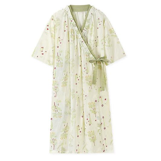 Camicia da notte in kimono pastorale in garza di cotone