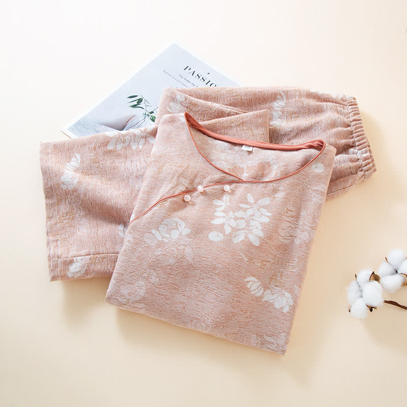 Loungewear con bottoni in perline in jacquard vintage in cotone tinto in filo