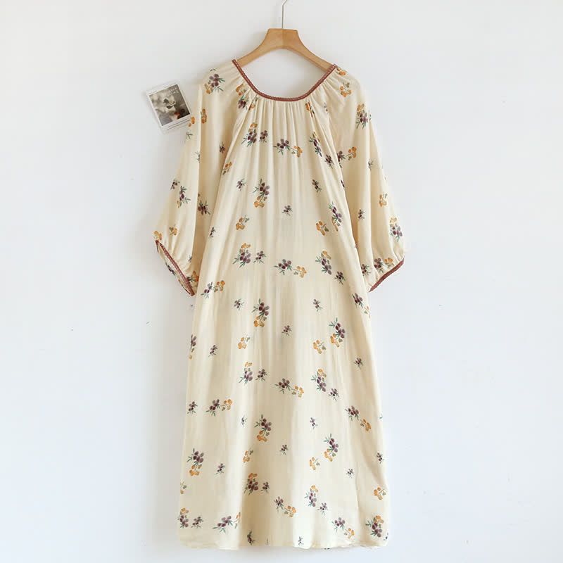 Camicia da notte traspirante in cotone con stampa nespolo a maniche lunghe