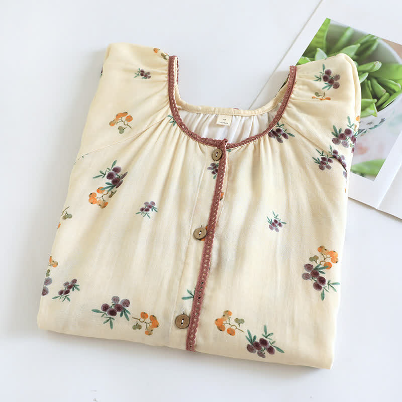 Camicia da notte traspirante in cotone con stampa nespolo a maniche lunghe