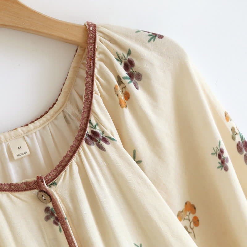 Camicia da notte traspirante in cotone con stampa nespolo a maniche lunghe