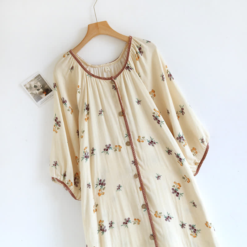 Camicia da notte traspirante in cotone con stampa nespolo a maniche lunghe