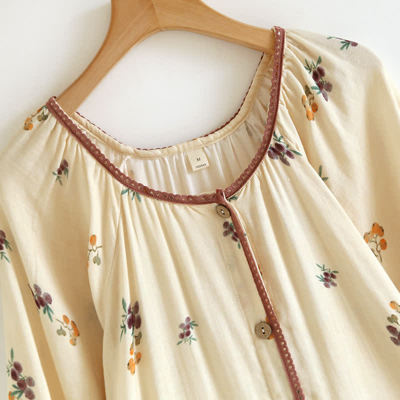Camicia da notte traspirante in cotone con stampa nespolo a maniche lunghe