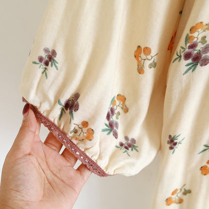 Camicia da notte traspirante in cotone con stampa nespolo a maniche lunghe