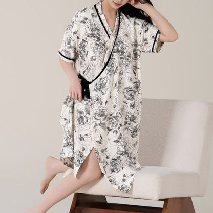 Camicia da notte imbottita a maniche corte con tasca e motivo floreale retrò