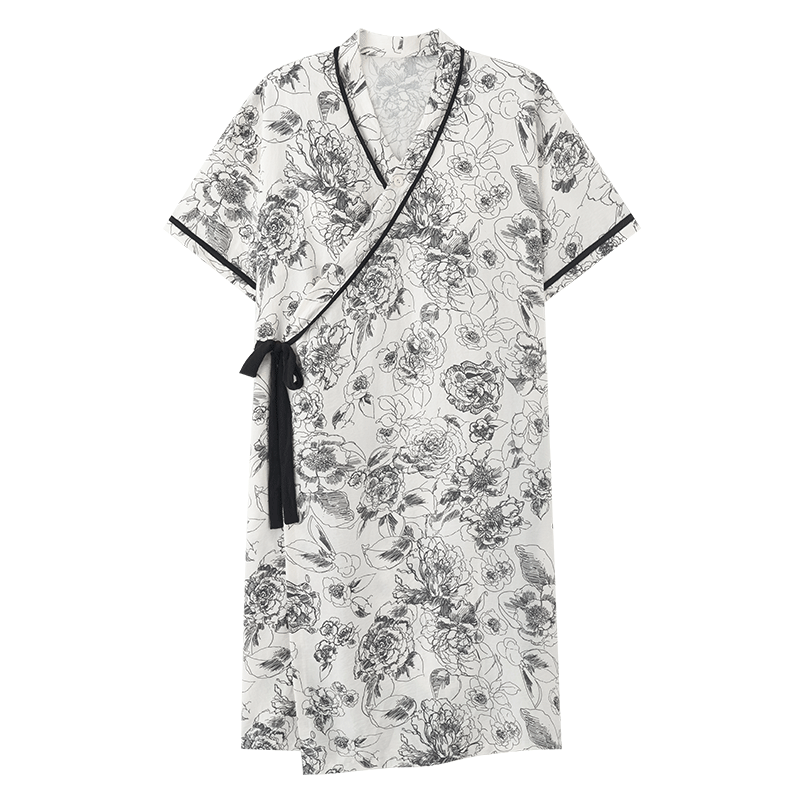 Camicia da notte imbottita a maniche corte con tasca e motivo floreale retrò
