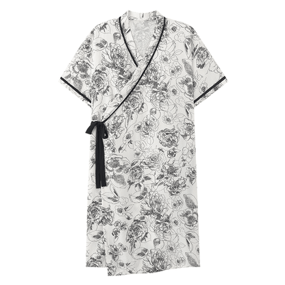 Camicia da notte imbottita a maniche corte con tasca e motivo floreale retrò