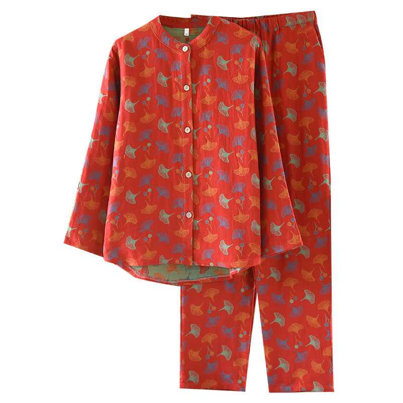 Pigiama vintage in jacquard di cotone tinto in filo con foglie di ginkgo
