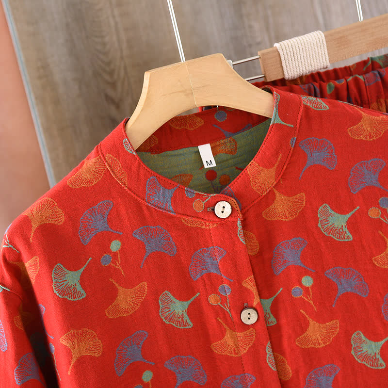 Pigiama vintage in jacquard di cotone tinto in filo con foglie di ginkgo