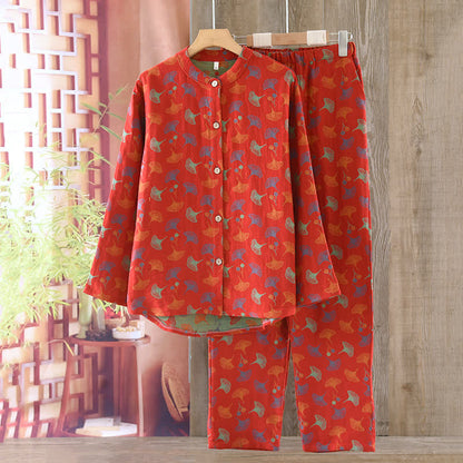 Pigiama vintage in jacquard di cotone tinto in filo con foglie di ginkgo