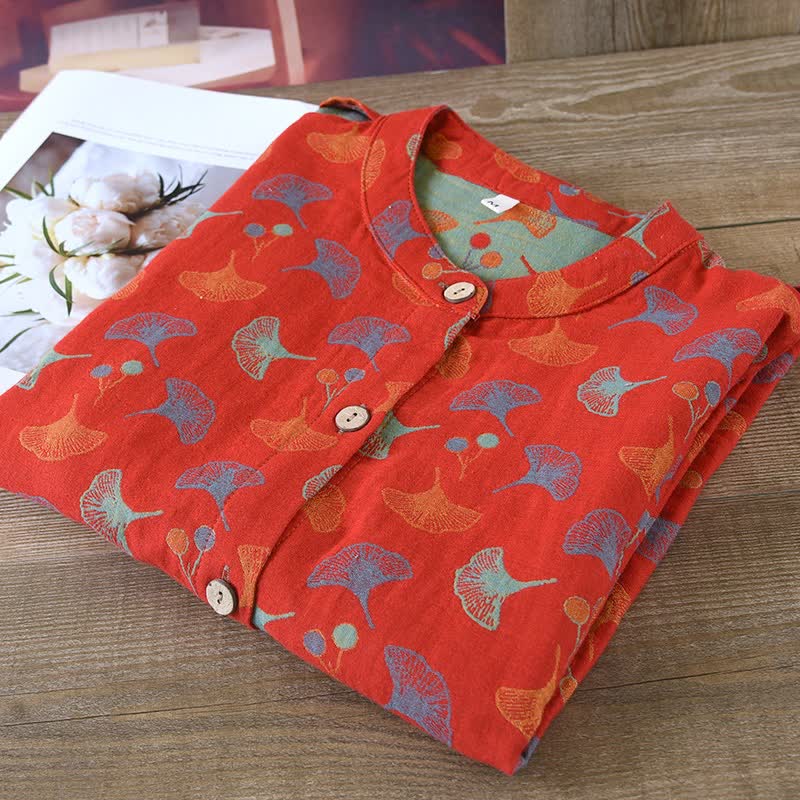 Pigiama vintage in jacquard di cotone tinto in filo con foglie di ginkgo