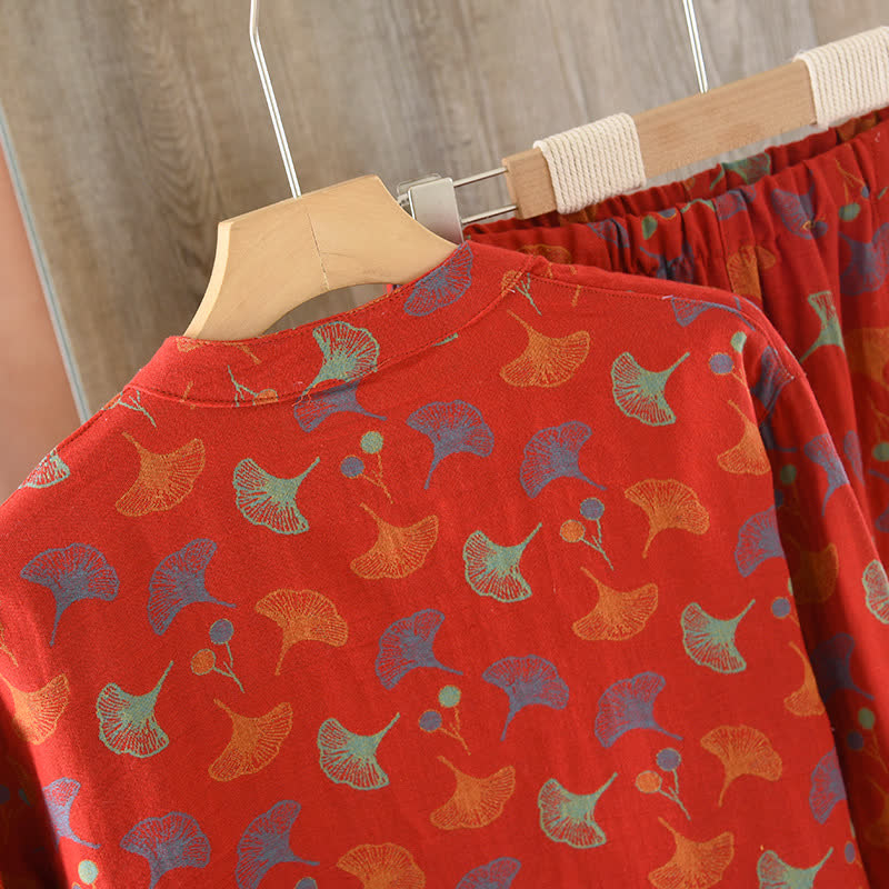 Pigiama vintage in jacquard di cotone tinto in filo con foglie di ginkgo