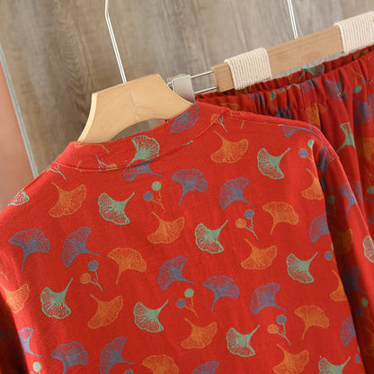 Pigiama vintage in jacquard di cotone tinto in filo con foglie di ginkgo