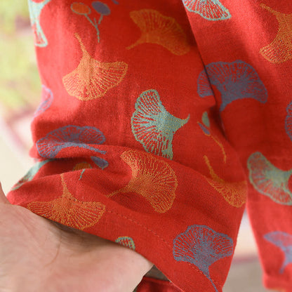 Pigiama vintage in jacquard di cotone tinto in filo con foglie di ginkgo