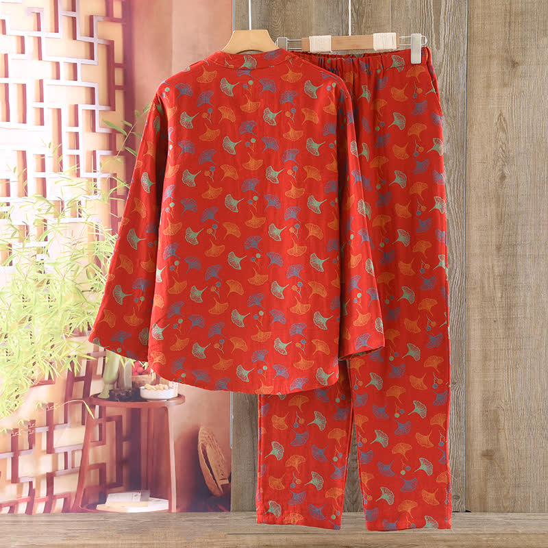 Pigiama vintage in jacquard di cotone tinto in filo con foglie di ginkgo
