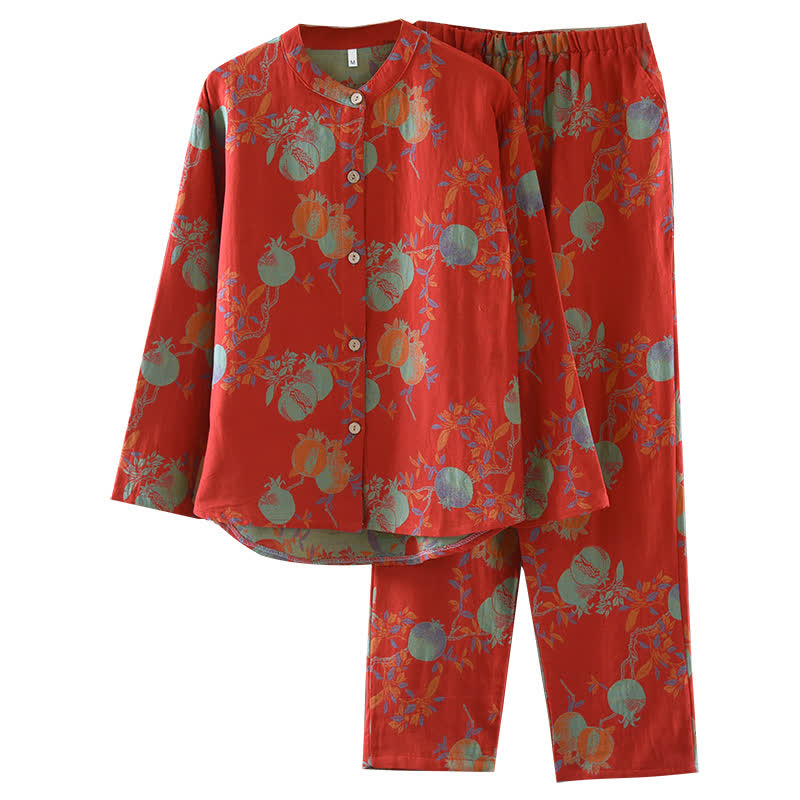 Pigiama vintage in jacquard di cotone tinto in filo con motivo a fiori di melograno
