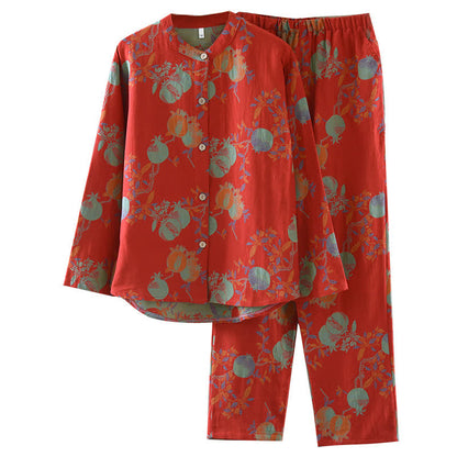 Pigiama vintage in jacquard di cotone tinto in filo con motivo a fiori di melograno