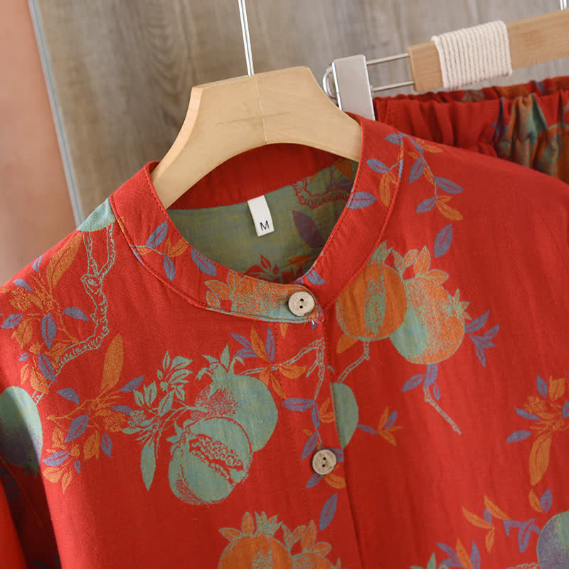 Pigiama vintage in jacquard di cotone tinto in filo con motivo a fiori di melograno
