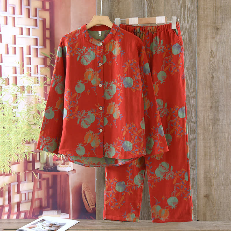 Pigiama vintage in jacquard di cotone tinto in filo con motivo a fiori di melograno