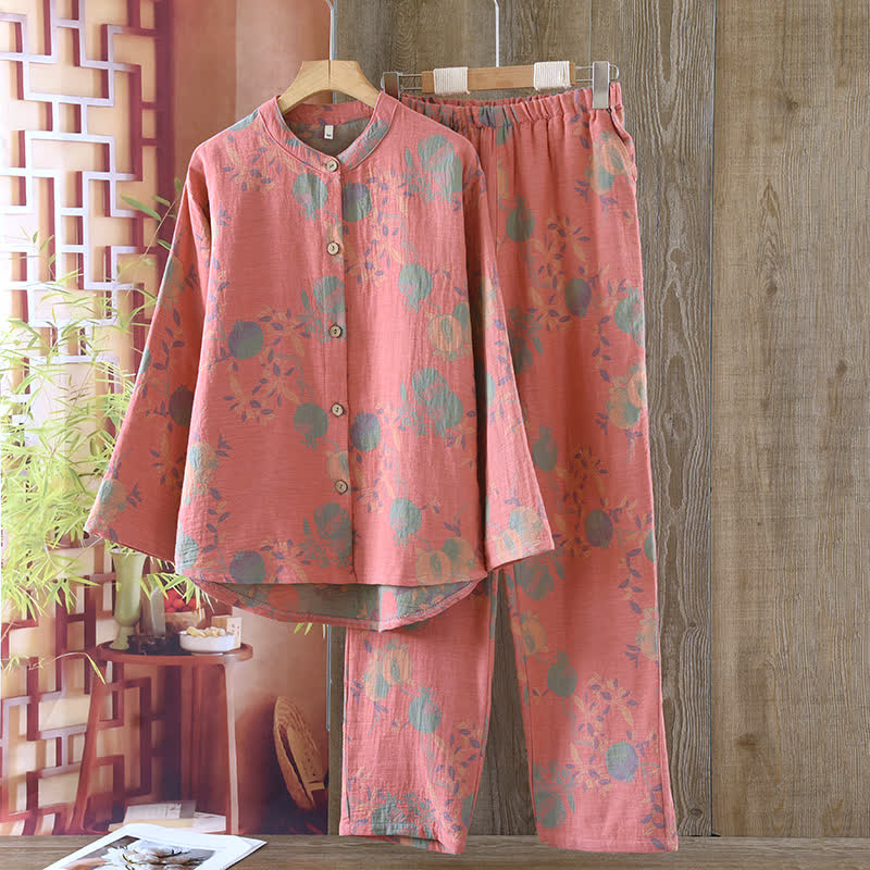 Pigiama vintage in jacquard di cotone tinto in filo con motivo a fiori di melograno
