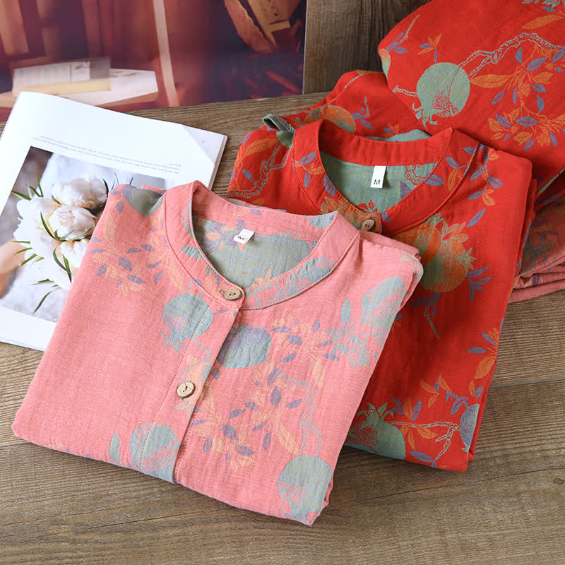 Pigiama vintage in jacquard di cotone tinto in filo con motivo a fiori di melograno