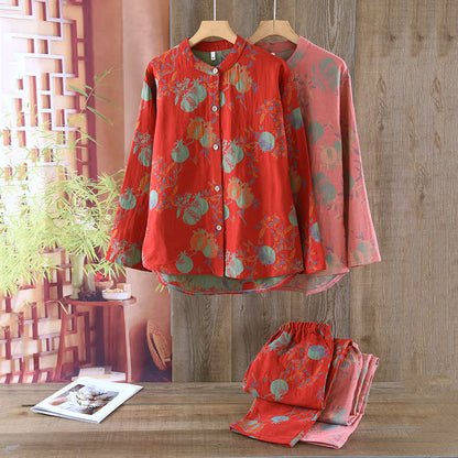 Pigiama vintage in jacquard di cotone tinto in filo con motivo a fiori di melograno