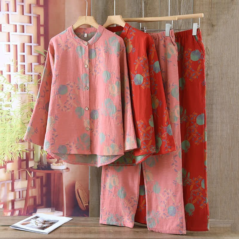 Pigiama vintage in jacquard di cotone tinto in filo con motivo a fiori di melograno