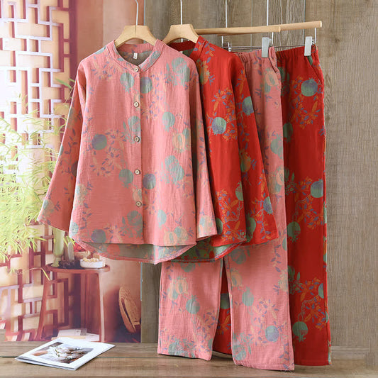 Pigiama vintage in jacquard di cotone tinto in filo con motivo a fiori di melograno