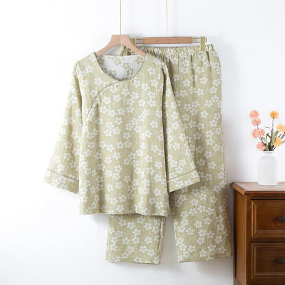 Pigiama in cotone tinto in filo jacquard con motivo floreale retrò