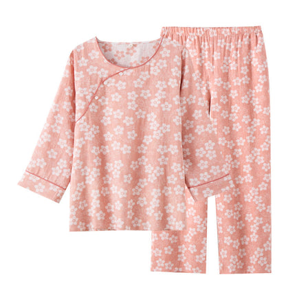 Pigiama in cotone tinto in filo jacquard con motivo floreale retrò
